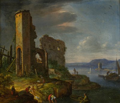遺跡、ボート、人物のいる川の風景 作： Herman Saftleven